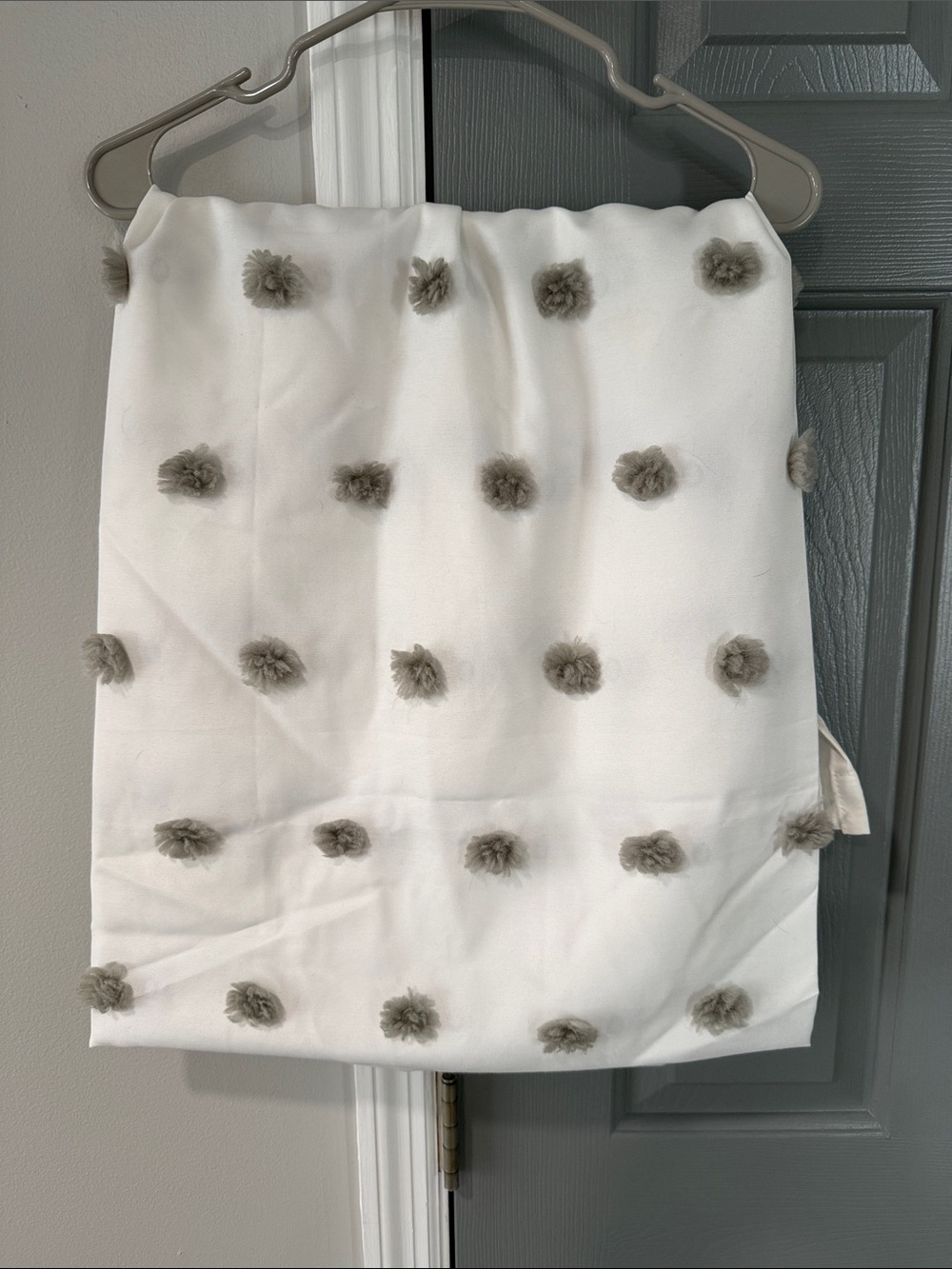 White Fabric shower curtain with Gray Pom-Pom Accents